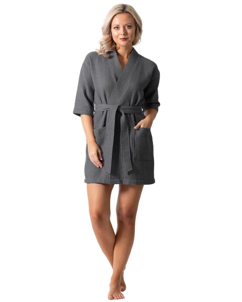 Turkish Linen Lightweight Waffle Knit Bath, Spa & Bridesmaids Kimono Short Robes for Women - Quick Dry & Soft - Image 1